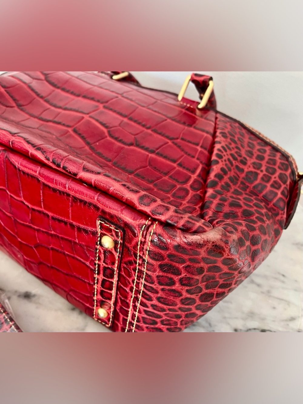 Dooney & Bourke Red Croc-Embossed Satchel with Gold Hardware - Picture 14 of 14